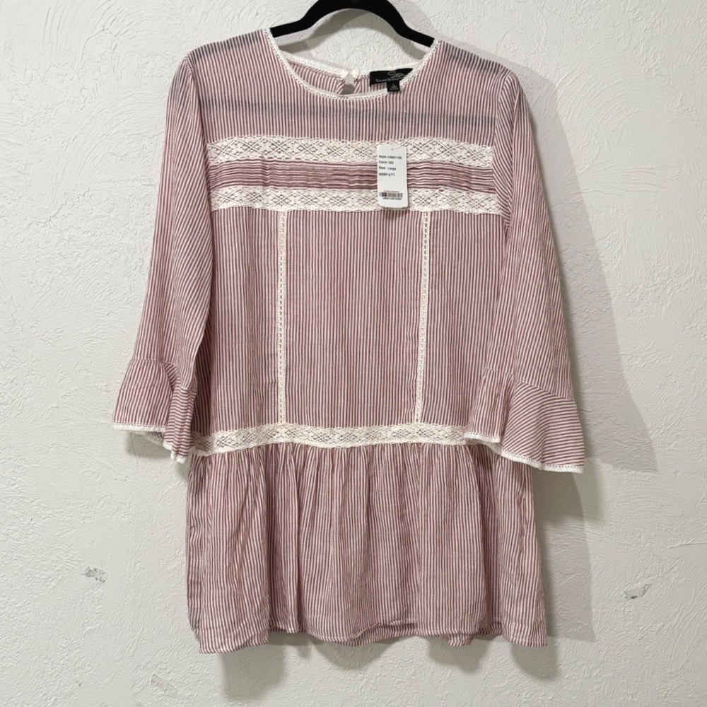Suzanne Betro Tunic Top Sz. Large Red White Stripe Lace Peplum Shabby Chic Boho